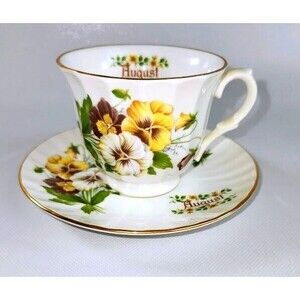 Teacup & Saucer; Elite Fine Bone China ~ Made in England; Month of “August”